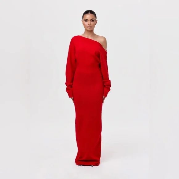 naked wardrobe | Dresses | Naked Wardrobe Red Oneshoulder Maxi Sweater Dress  Nwt | Poshmark